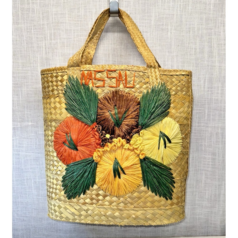 Unbranded Nassau Straw Tote Bag Womens Large Tan Floral‎ Tropical Boho Beachy